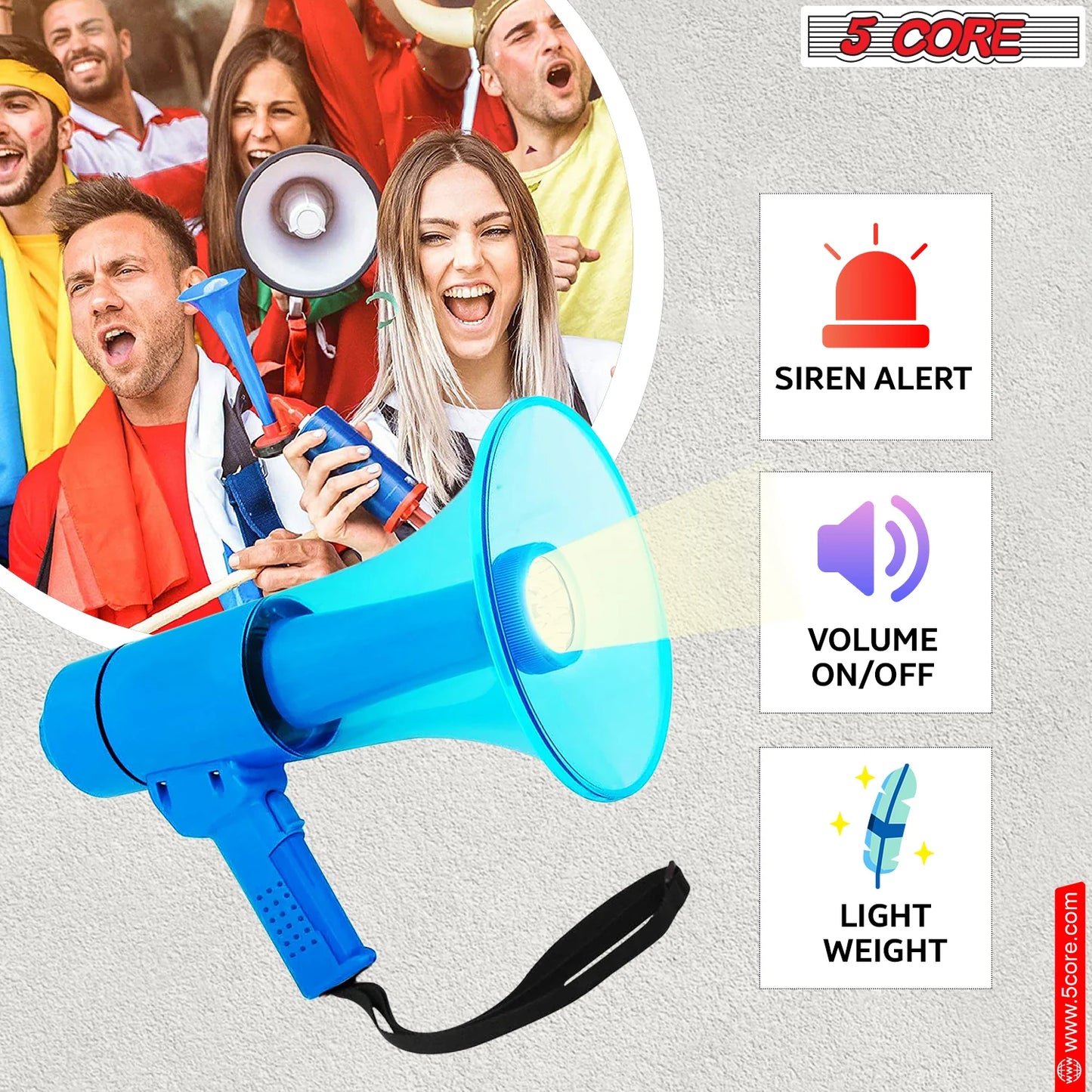 5Core Megaphone Bullhorn Speaker W Siren LED Light Adjustable Volume Bull Horn BLUE