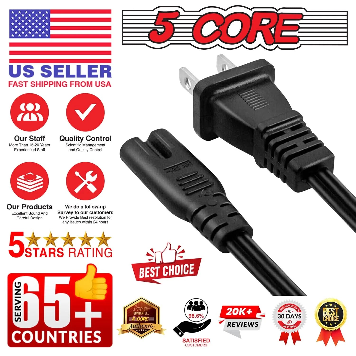 5Core AC Power Cord 6 Ft 2 Prong US Male to Female Extension Adapter 16AWG/2C 125V 13A