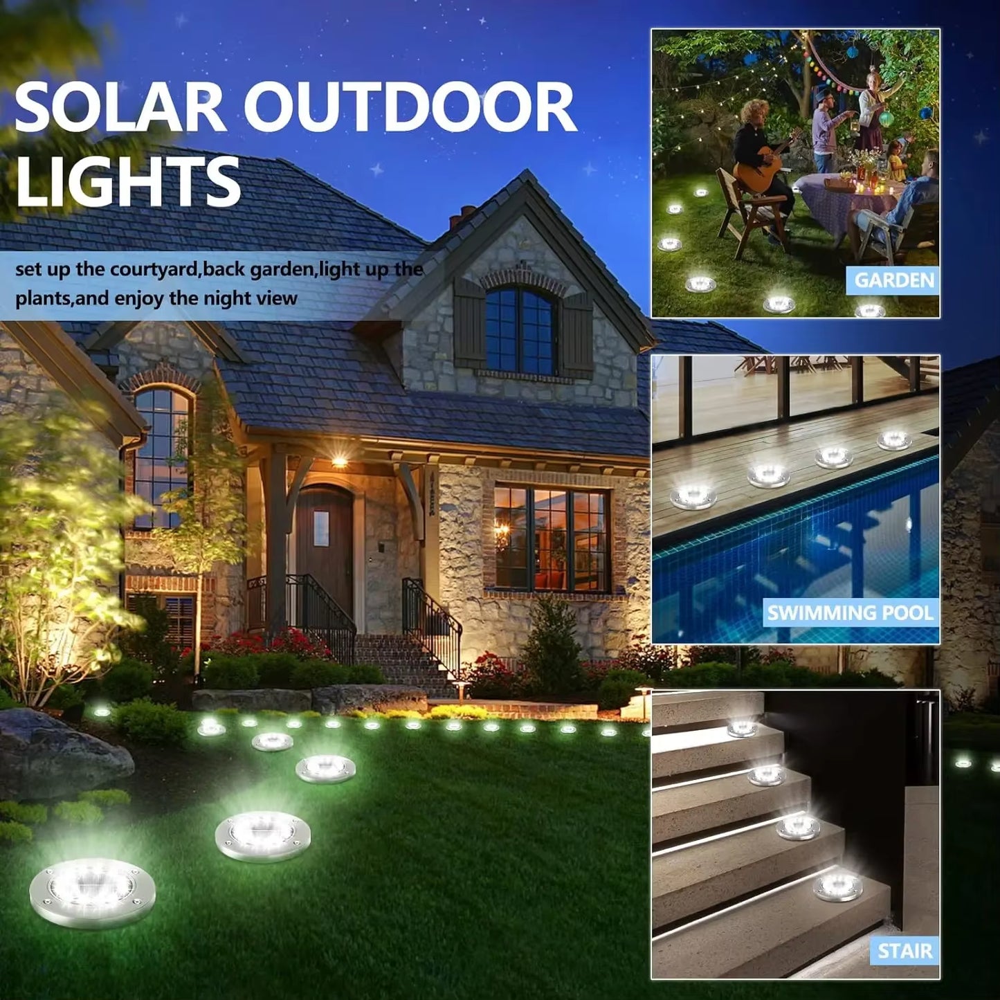 Solar Ground Lights Outdoor Decorations, 12LED Solar Garden Lights Waterproof, Solar Disk Lights for Yard, Pathway, Lawn, Patio