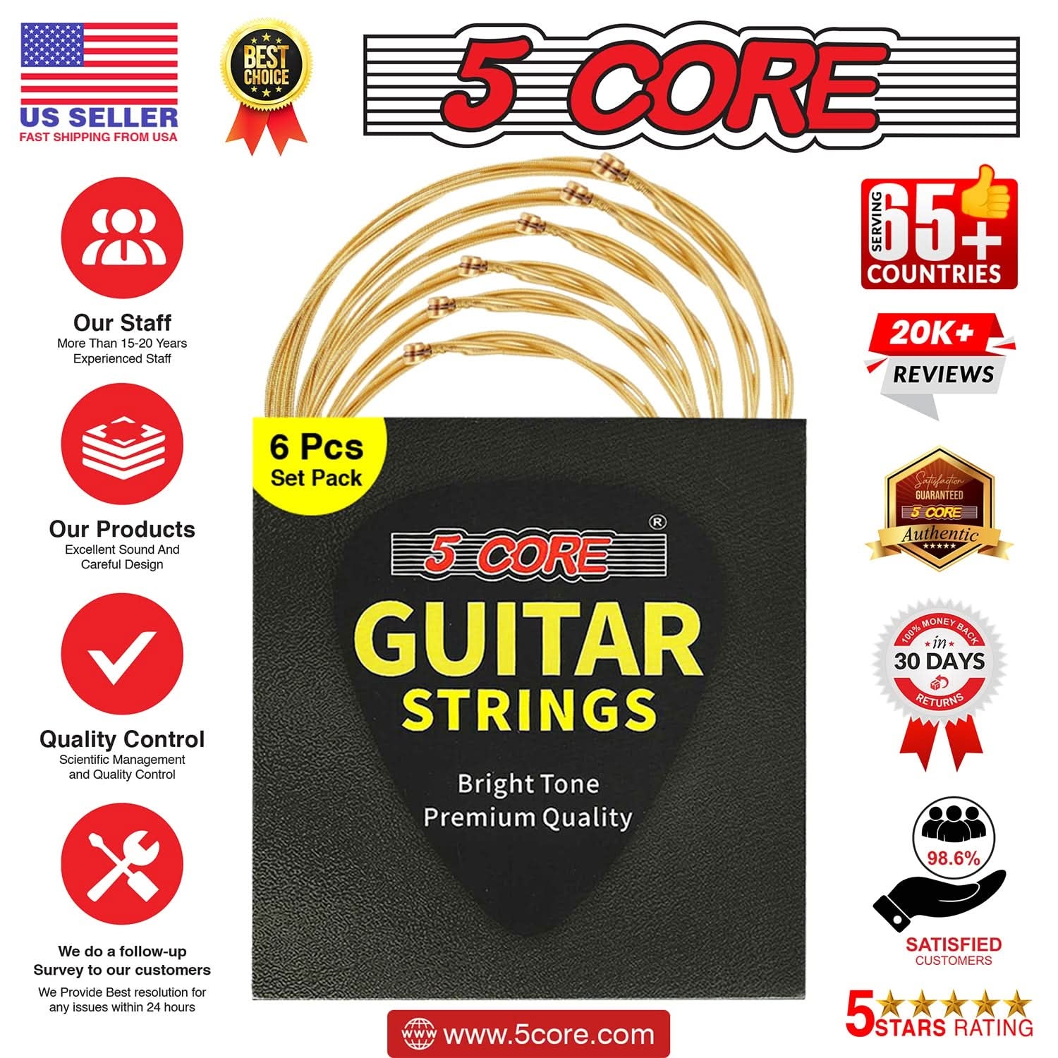 5Core Acoustic Guitar Strings 0.010-0.047 Steel Gauge Heavy Duty W Bright Tone for 6 String Guitars