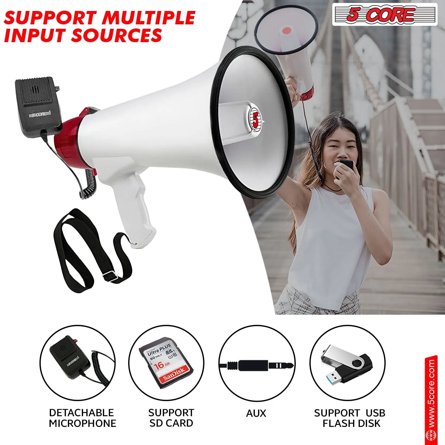 5Core Megaphone Bullhorn Speaker 50W Bull Horn Cheer Megafono 1000 Yards