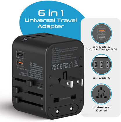 World International Travel Plug Adapter - Powerful 33.5W with Pd & QC 3.0 Dual USB-C Power - 3 USB Ports Wall Charger Type I C G a Outlets 110V 220V A/C - EU Euro US UK (11-KU)