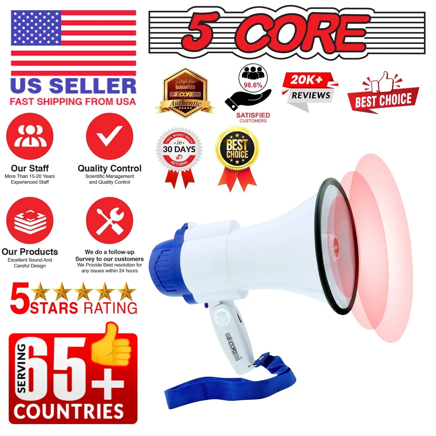 5Core Megaphone Bullhorn Speaker 30W Mini Bull Horn Battery Power Megafono 800 Feet