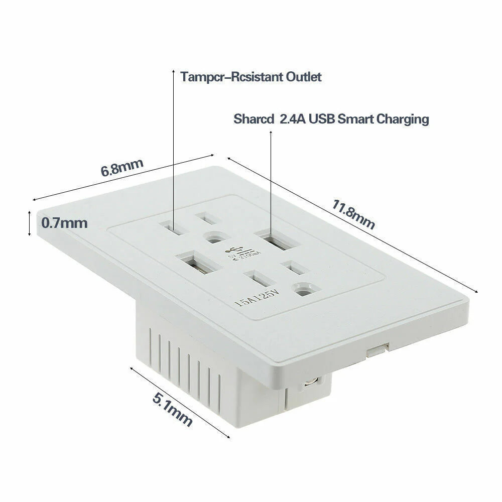 Dual USB Wall Outlet Port 15A Power Socket Charger AC Receptacle Plate Panel 110