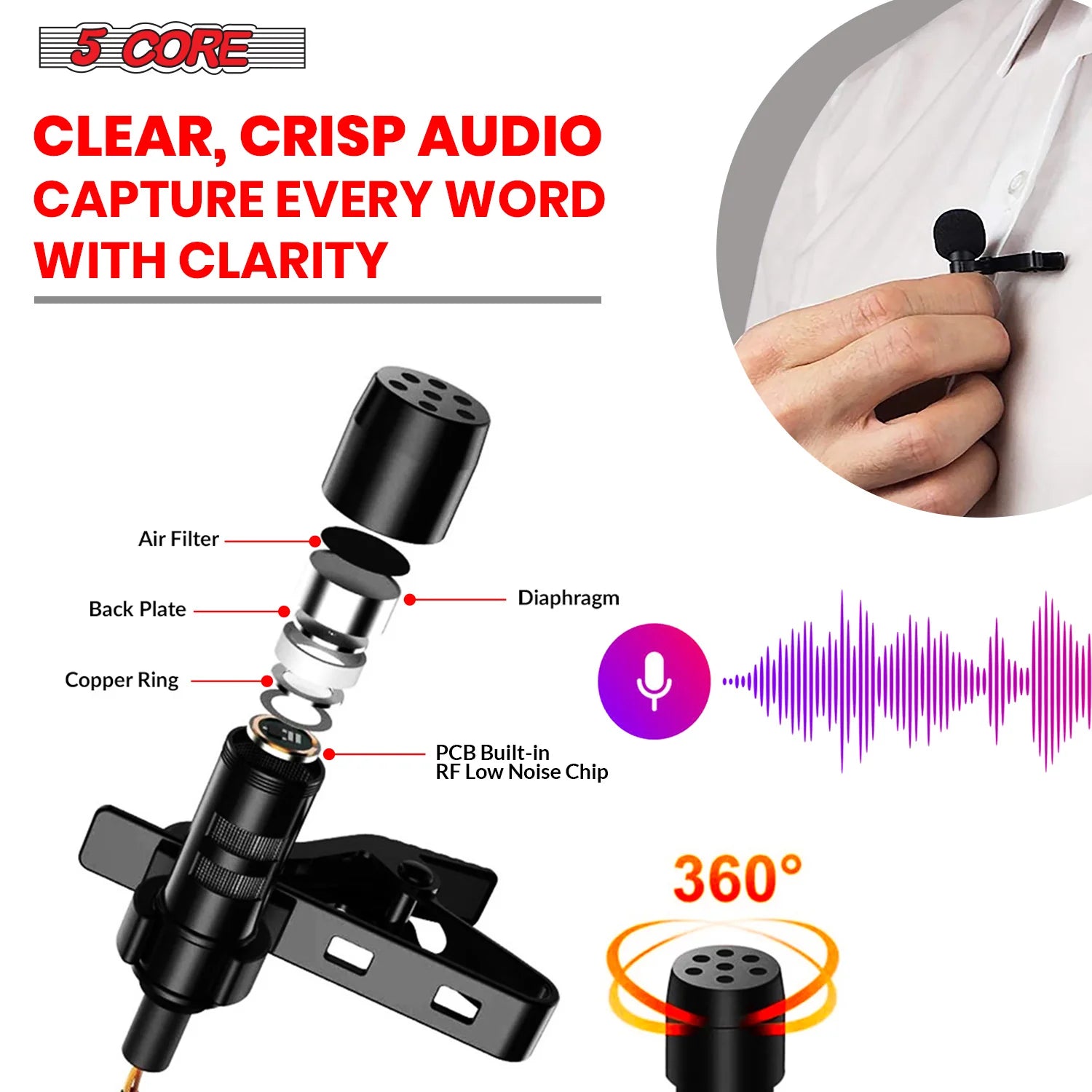 5Core Lavalier Microphone Professional Tiny Shirt Clip on Lapel Mic Mini Wearable Microfono