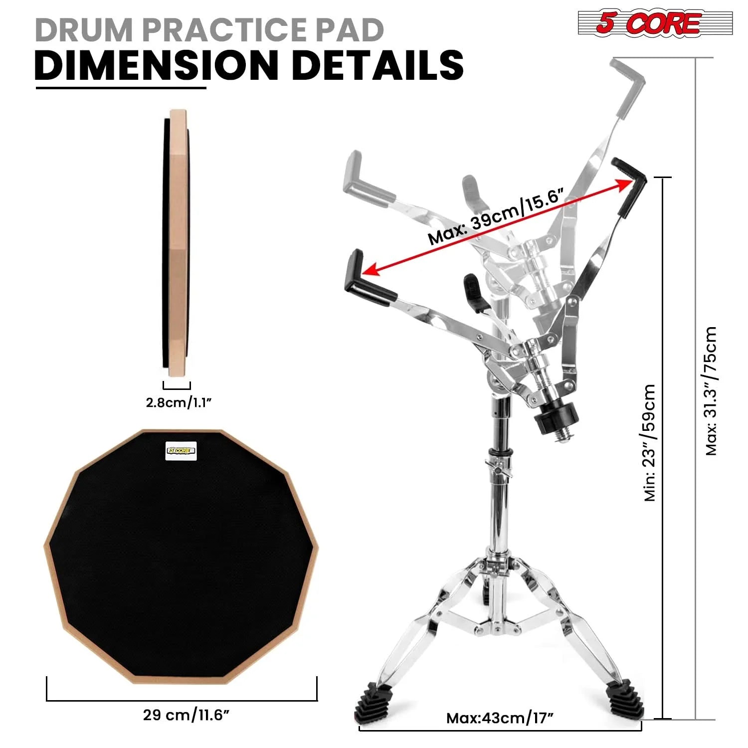 5 Core Drum Practice Pad Set 12" Adjustable Snare Drumming Stand Double Sided Silent Drummer Kit