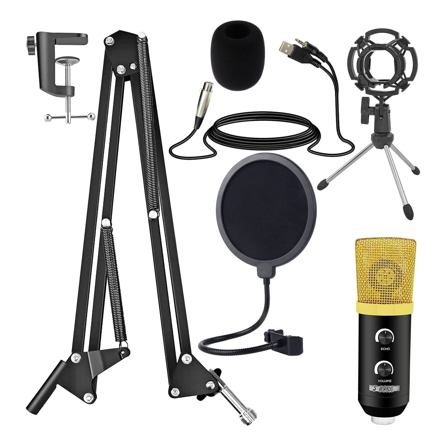 5Core Recording Microphone Podcast Bundle Professional Condenser Cardioid Mic Kit W Boom Arm