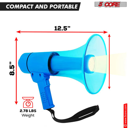 5Core Megaphone Bullhorn Speaker W Siren LED Light Adjustable Volume Bull Horn BLUE