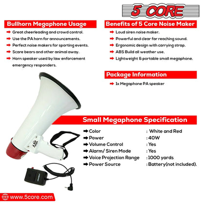 5Core Megaphone Bullhorn Speaker 40W Bull Horn Rechargeable Cheer Megafono 1000 Yards