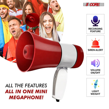 5Core Megaphone Bullhorn Speaker 30W Bull Horn Rechargeable Cheer Megafono 800 Yards