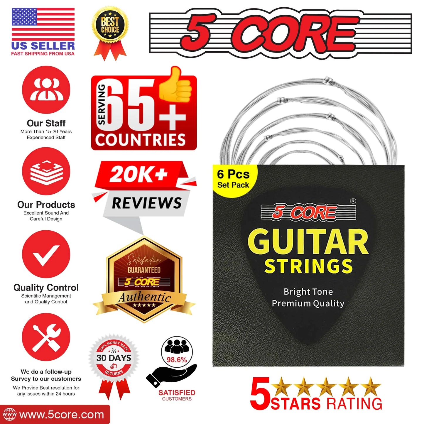 5Core Acoustic Guitar Strings 0.010-0.048 Steel Gauge Heavy Duty W Bright Tone for 6 String Guitars