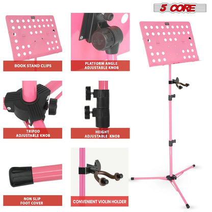 5Core Music Stand for Sheet Music Portable Tripod Adjustable Folding Note Holder PINK