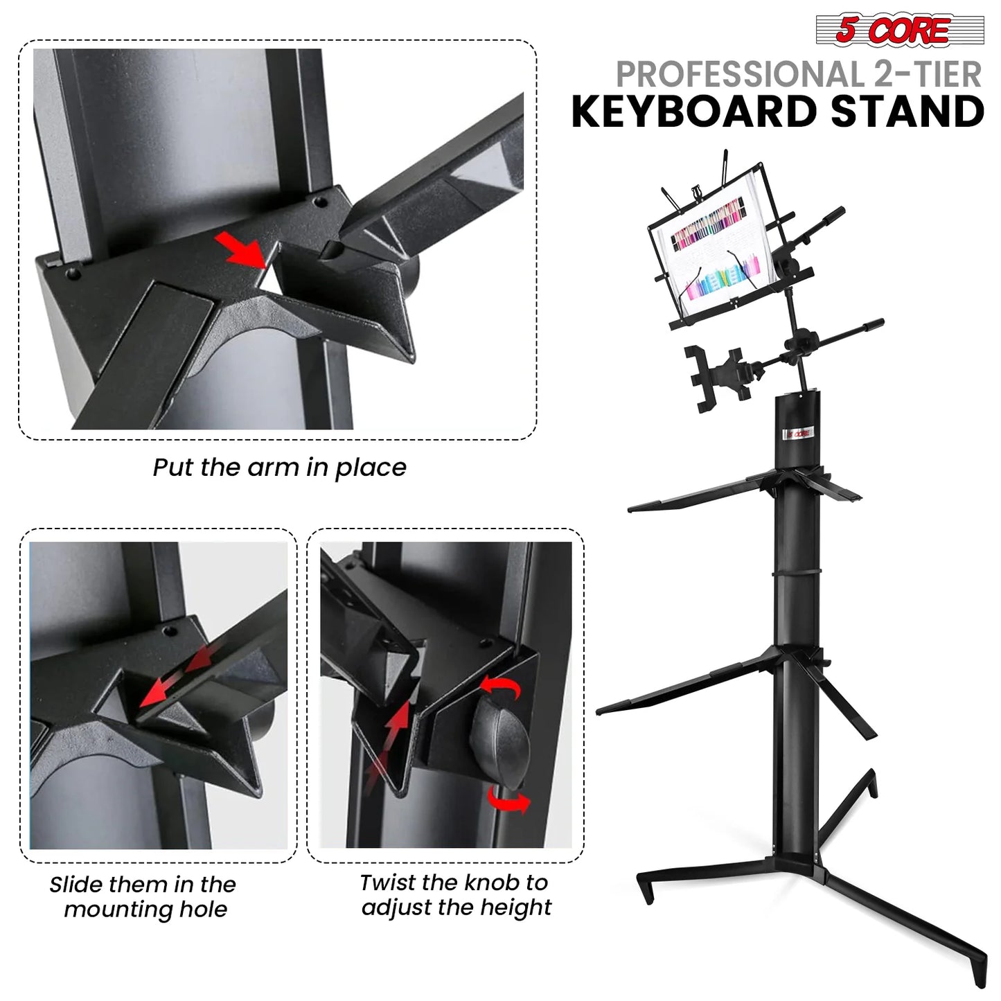 5Core Keyboard Stand 2 Tier Classic Adjustable Electric Piano Sturdy Holder BLACK