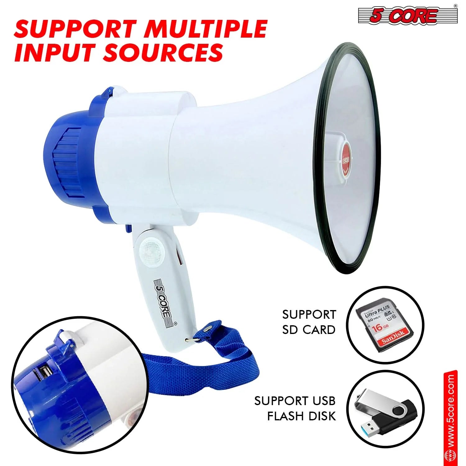 5Core Megaphone Bullhorn Speaker 30W Mini Bull Horn Battery Power Megafono 800 Feet