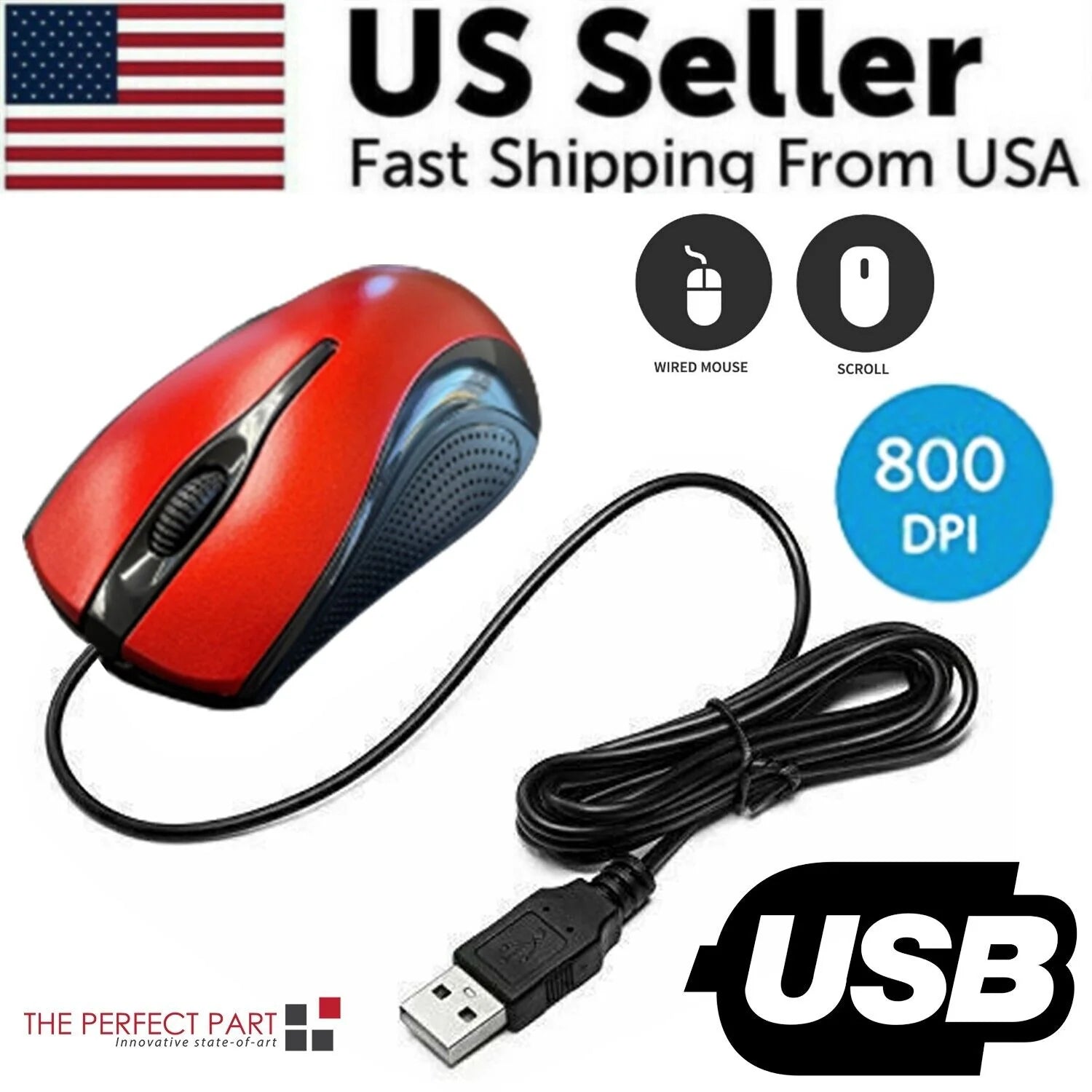 USB 2.0 Optical Wired Scroll Wheel Mouse for PC Laptop Notebook Desktop Red Mice