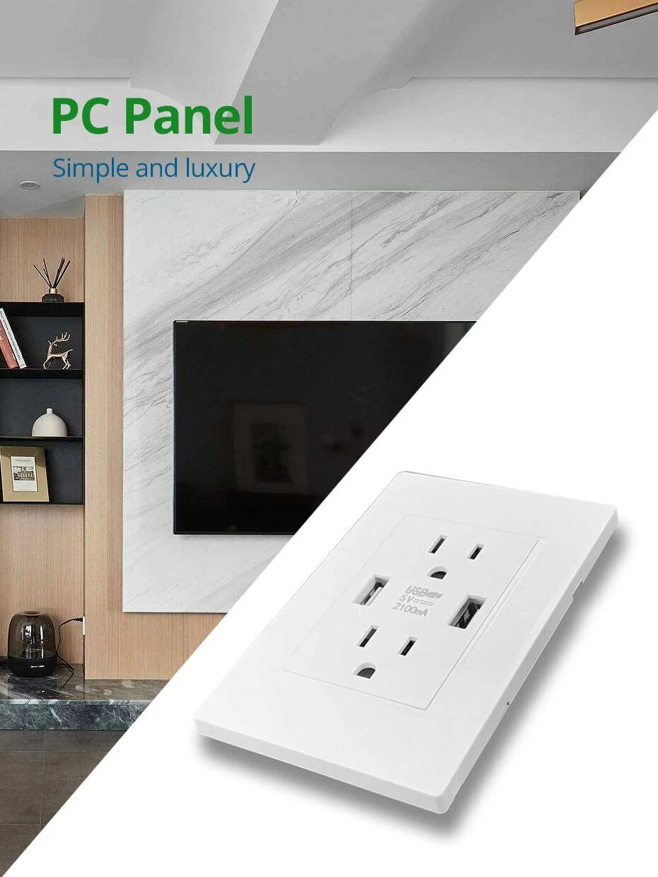 Dual USB Wall Outlet Port 15A Power Socket Charger AC Receptacle Plate Panel 110