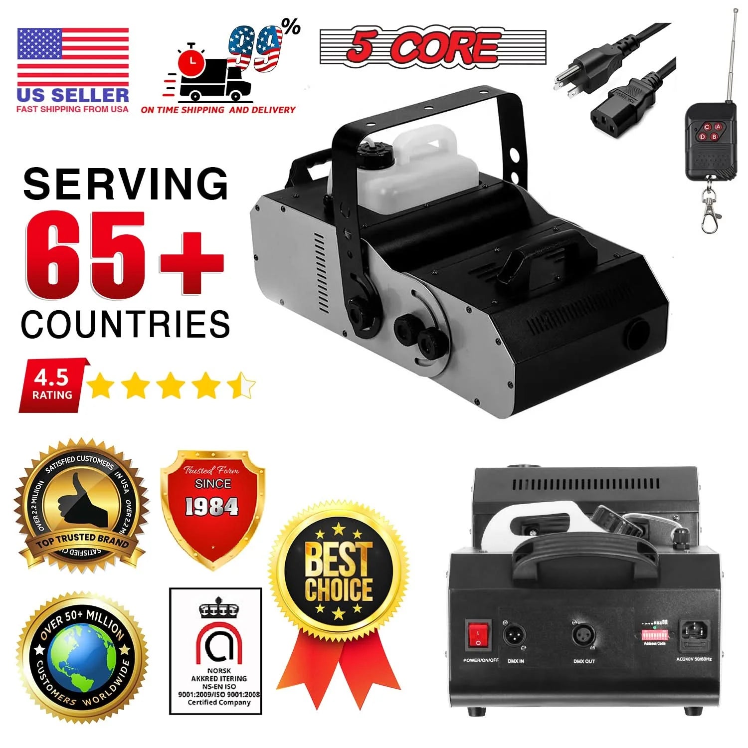 5Core Fog Machine 2500W Smoke Machine 6500CFM Low Lying Indoor Outdoor Portable Fogger