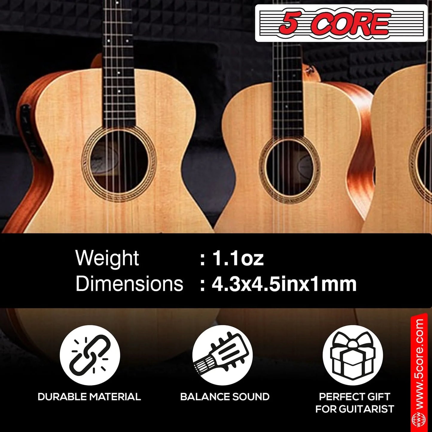 5Core Acoustic Guitar Strings 0.010-0.047 Steel Gauge Heavy Duty W Bright Tone for 6 String Guitars