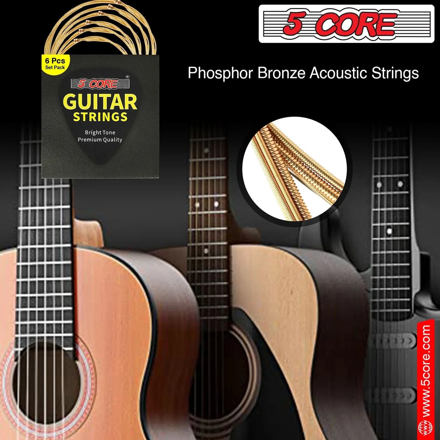 5Core Acoustic Guitar Strings 0.010-0.047 Steel Gauge Heavy Duty W Bright Tone for 6 String Guitars