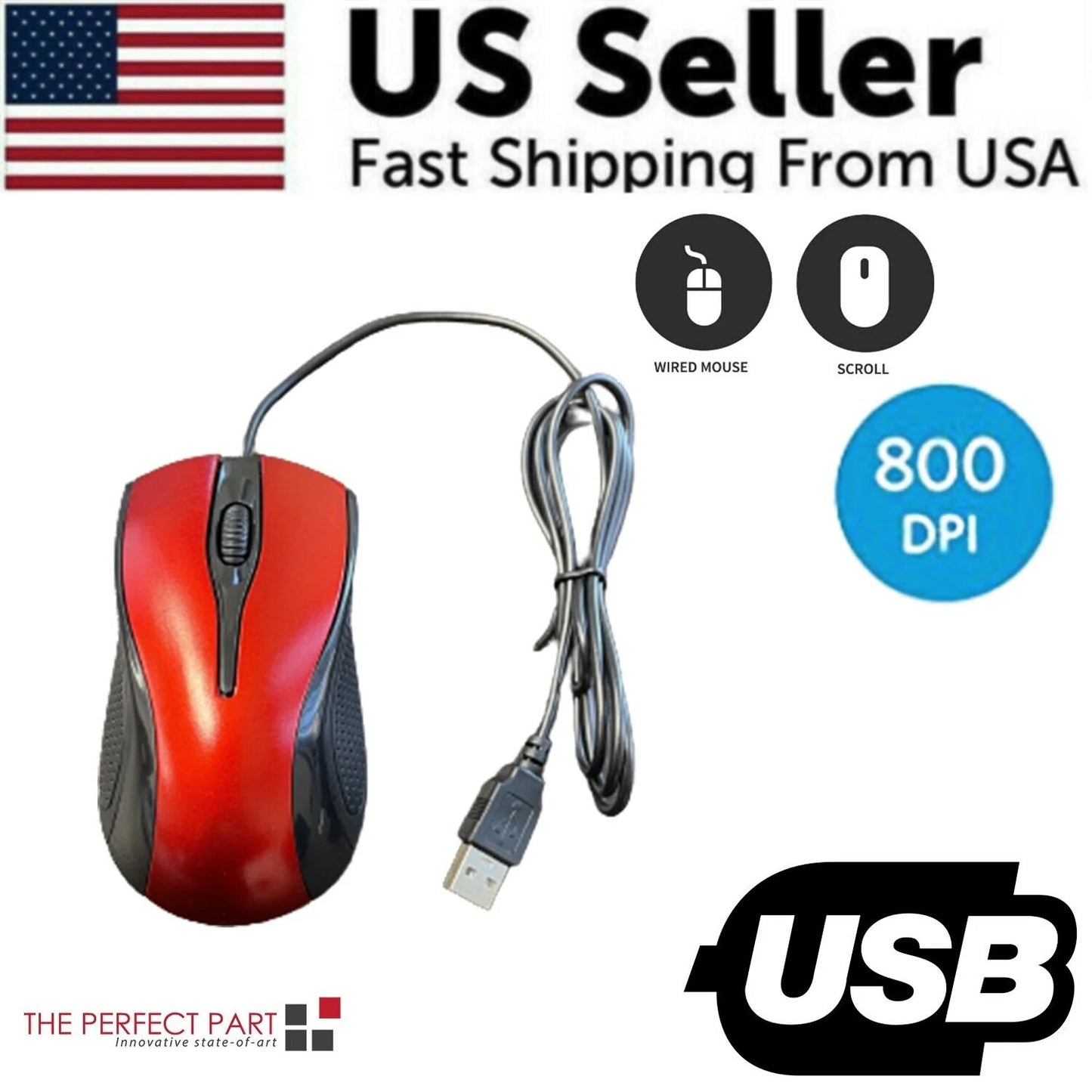 USB 2.0 Optical Wired Scroll Wheel Mouse for PC Laptop Notebook Desktop Red Mice