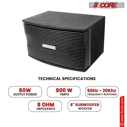 5Core 8 Inch Car Subwoofer Box Black 800W Peak 8 Ohm Vented Trunk Speaker Sub Woofer