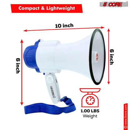 5Core Megaphone Bullhorn Speaker 30W Mini Bull Horn Battery Power Megafono 800 Feet