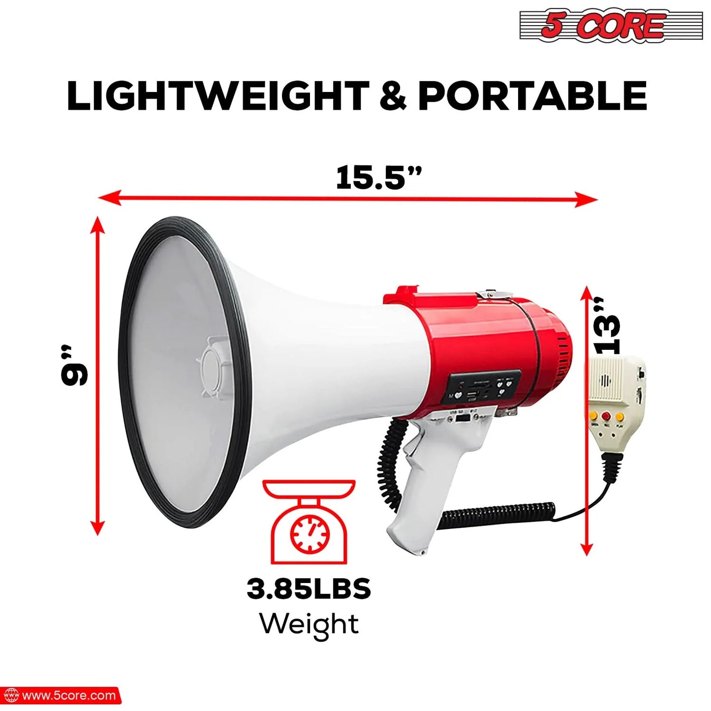 5Core Megaphone Bullhorn Speaker Pro 60W Bull Horn Non Rechargeable Cheer Megafono